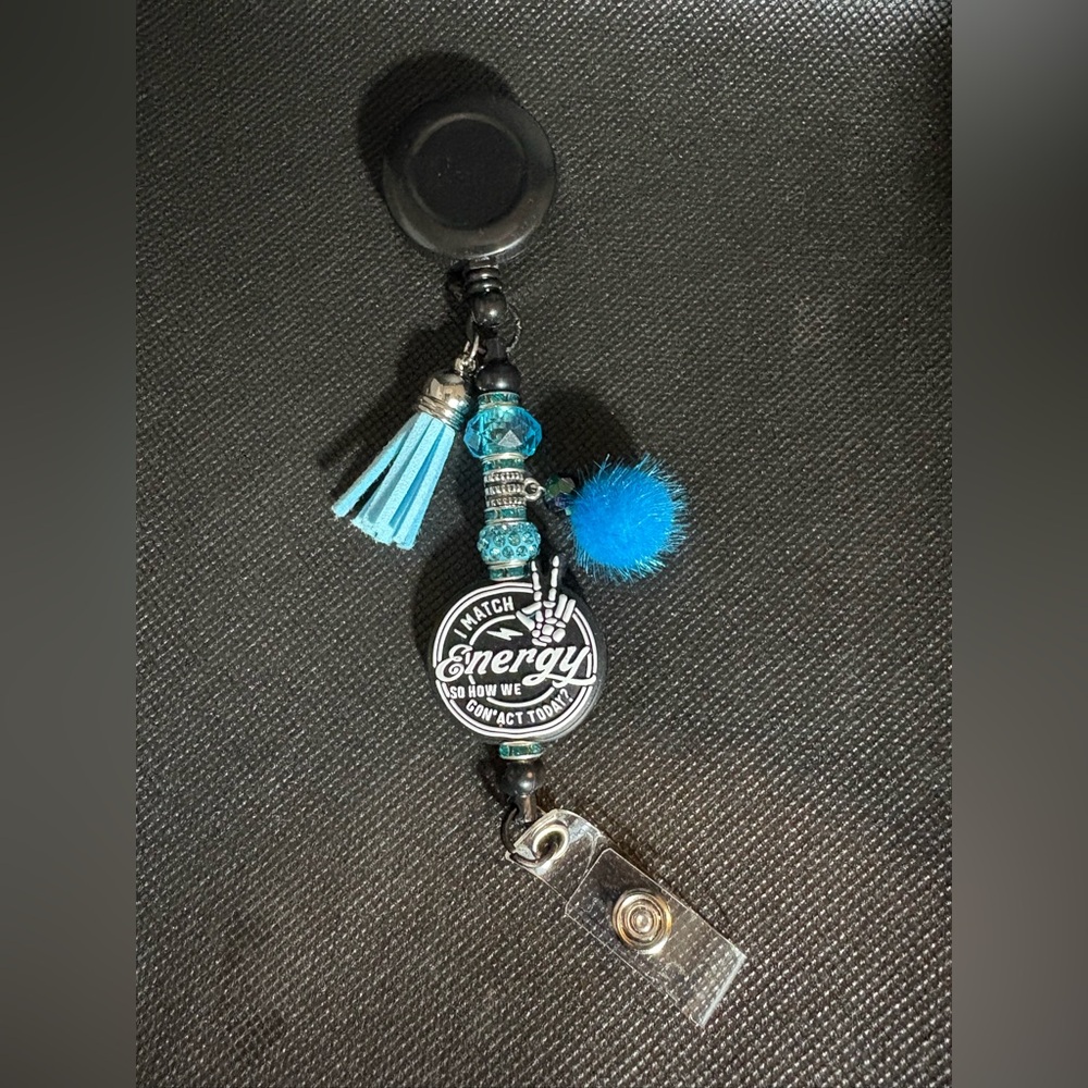 Black and Blue I match energy  Badge Reel with Tassel